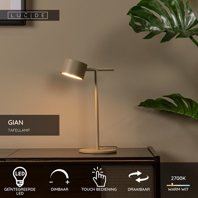 Lucide GIAN - Tafellamp - LED Dimb. - 1x9W 2700K - Taupe